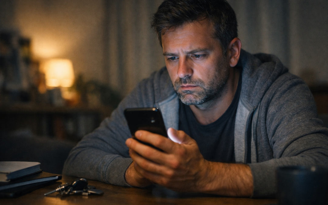 Persona preoccupata mentre guarda lo smartphone dopo aver pubblicato un commento sui social network