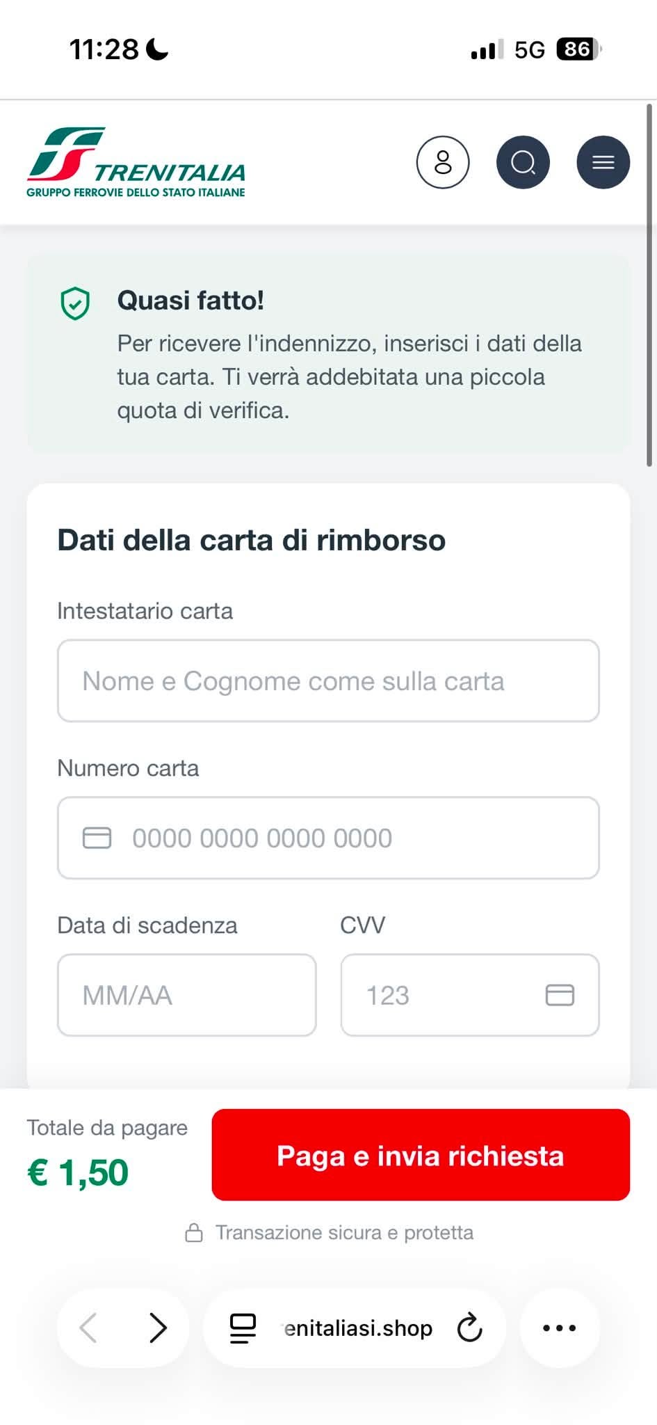 Screenshot della pagina clone che chiede i dati della carta e 1,50 euro di quota di verifica
